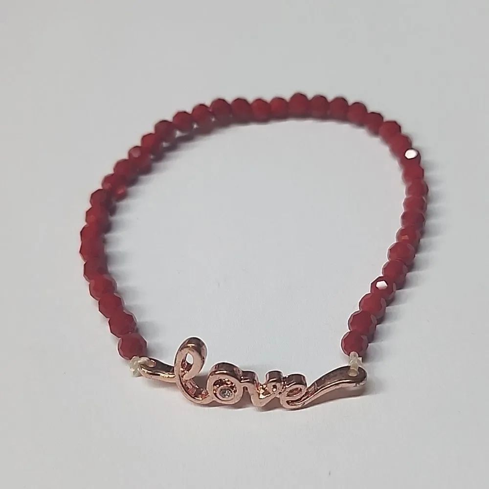 Rose Gold Love Stretch Bracelet Red Beads Clear Rhinestone